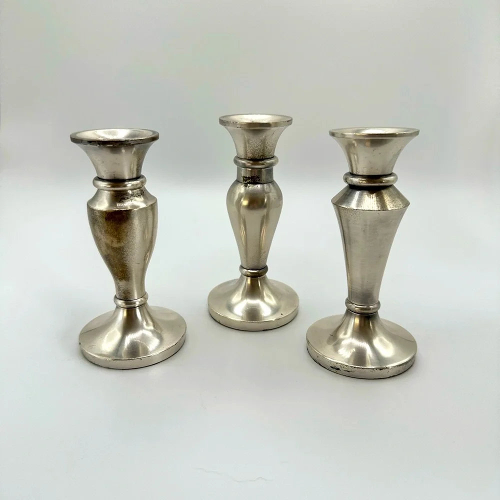 Set of Three 5” Restoration Hardware Jerome Pillar Candle Holders Nickel finish